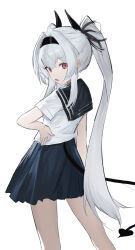  1girl absurdres black_hairband black_horns blue_skirt commentary_request contrapposto cowboy_shot demon_tail from_behind grey_hair hair_intakes hairband hand_on_own_hip highres horns long_hair looking_at_viewer looking_back open_mouth original pink_eyes ponytail school_uniform serafuku shirt short_sleeves simple_background sketch skirt standing tail white_background white_shirt wiersa 