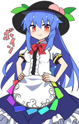  1girl apron black_hat blue_hair blue_skirt blush bow bowtie breasts center_frills closed_mouth collared_shirt commentary_request e.o. frilled_skirt frills hands_on_own_hips hat hat_ornament highres hinanawi_tenshi leaf_hat_ornament long_hair looking_at_viewer peach_hat_ornament puffy_short_sleeves puffy_sleeves rainbow_order red_bow red_bowtie red_eyes shirt short_sleeves skirt smile solo touhou translation_request very_long_hair waist_apron white_apron white_shirt 
