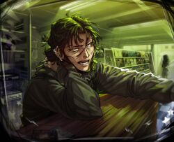  2girls annoyed apron arm_rest black_apron black_hair black_hoodie ceiling_light commentary ear_piercing earrings english_commentary fluorescent_lamp green_eyes hair_bun highres hood hoodie indoors jewelry kininatteru_hito_ga_otoko_ja_nakatta koga_mitsuki long_sleeves mole mole_under_eye multiple_girls oosawa_aya open_mouth piercing record_jacket record_store saltyemoil shop short_hair single_hair_bun solo_focus store_clerk teeth tile_floor tiles tomboy vinyl_record 