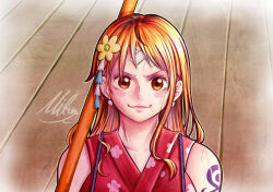  1girl :3 bandaid bandaid_on_face bandaid_on_forehead bare_shoulders battle_damage blush blush_stickers brown_eyes clima-tact closed_mouth collarbone commentary earrings floral_print floral_print_kimono flower hair_flower hair_ornament highres japanese_clothes jewelry kimono lips long_hair looking_at_viewer mifenami nami_(one_piece) official_alternate_costume one_piece orange_hair pearl_earrings pink_lips print_kimono red_kimono shoulder_tattoo signature single_sidelock sleeveless sleeveless_kimono solo staff straight-on tattoo upper_body v-shaped_eyebrows wooden_floor 