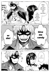  1girl 2boys absurdres ascot ayase_momo black_choker blush cape choker coat dandadan doorbell earrings english_commentary english_text enjoji_jin evil_eye_(dandadan) flying_sweatdrops glasses greyscale hair_between_eyes halloween halloween_bucket halloween_costume highres jewelry monochrome motion_lines multiple_boys open_clothes open_coat open_mouth round_eyewear sharp_teeth short_hair single_bare_shoulder smile speech_bubble sweatdrop takakura_ken_(dandadan) takemoto0929 teeth third_eye tongue tongue_out twitter_username upper_body 