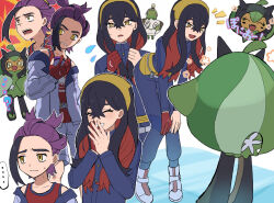  ... 1boy 1girl bag black_hair blue_jacket blue_pants blush brother_and_sister carmine_(pokemon) closed_eyes closed_mouth fangs flower_symbol gloves grin hairband highres holding holding_poke_ball iruzu_(pixiv27236115) jacket kieran_(pokemon) leaning_forward long_hair long_sleeves master_ball mole mole_on_neck mole_under_eye multiple_views ogerpon ogerpon_(teal_mask) open_mouth pants poke_ball poke_ball_print pokemon pokemon_(creature) pokemon_sv purple_hair red_hair red_tank_top shoes shorts siblings single_glove sinistcha smile spoken_ellipsis star-shaped_pupils star_(symbol) symbol-shaped_pupils tank_top white_jacket white_shorts yellow_eyes 