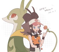  1girl baseball_cap black_vest blue_eyes blush breasts brown_hair closed_mouth flower hat high_ponytail highres hilda_(pokemon) hime_(himetya105) holding holding_pokemon long_hair open_clothes open_mouth open_vest plant poke_ball_print pokemon pokemon_(creature) pokemon_bw ponytail red_eyes serperior shirt sidelocks simple_background smile snake tepig vest vines white_shirt wristband 