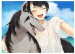  1boy :d bangs black_hair blurry blush border brendan_(pokemon) closed_eyes clouds commentary_request day happy male_focus mightyena open_mouth outdoors pokemon pokemon_(creature) pokemon_adventures shirt short_hair short_sleeves sky smile t-shirt teeth tongue water_drop wet wet_clothes wet_shirt white_border white_shirt yukin_(es) 