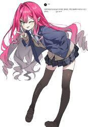  1girl baobhan_sith_(fate) black_thighhighs blazer blue_jacket blush fate/grand_order fate_(series) hand_in_pocket highres jacket leaning_forward long_hair looking_at_viewer one_eye_closed pink_hair pointy_ears school_uniform smile solo syst098 thigh-highs tongue tongue_out v white_background 