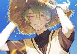  1boy arms_up black_shirt blue_sky bracelet brown_hat buttons collared_shirt confetti day ensemble_stars! flower from_above green_hair hair_between_eyes hair_intakes half-closed_eyes hands_on_headwear happy_birthday hat hat_flower hisohiso_end jewelry open_mouth outdoors parted_bangs shirt short_hair short_sleeves sky smile solo straw_hat sun_hat sweater_vest tomoe_hiyori upper_body violet_eyes 