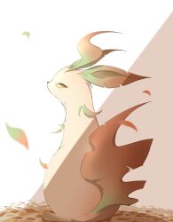  animal_focus autumn_leaves brown_eyes brown_sclera closed_mouth colored_sclera from_behind full_body green_fur highres leaf leafeon looking_back natu_a0z0ra no_humans pokemon pokemon_(creature) pokemon_focus solo tail yellow_fur 