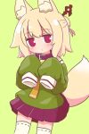  1girl animal_ears bangs bell blonde_hair blush brown_collar closed_mouth collar commentary_request eyebrows_visible_through_hair fox_ears fox_girl fox_tail green_background green_shirt hair_bun hair_ornament hands_up highres jingle_bell kemomimi-chan_(naga_u) long_sleeves naga_u neck_bell necktie orange_necktie original pleated_skirt purple_skirt ribbon-trimmed_legwear ribbon_trim shirt simple_background skirt sleeves_past_fingers sleeves_past_wrists solo tail thigh-highs violet_eyes white_legwear 