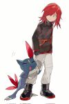  1boy black_footwear black_gloves boots brown_jacket commentary gloves grey_eyes grey_pants highres hugging_another&#039;s_leg jacket long_hair looking_down male_focus pants parted_lips pokemon pokemon_adventures redhead sakanobo_(sushi1021) silver_(pokemon) sneasler standing white_background 
