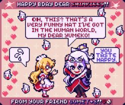  3girls apron bakebake_(touhou) birthday blonde_hair capelet comet_summoner98 dress frills ghost grey_eyes grey_hair hair_bobbles hair_ornament hat heart long_hair maid maid_headdress mima_(touhou) multiple_girls open_mouth pixel_art puffy_short_sleeves puffy_sleeves red_dress ribbon shinki_(touhou) short_sleeves smile speech_bubble talking touhou touhou_(pc-98) witch_hat yellow_eyes yumeko_(touhou) 