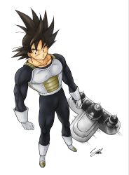  1boy black_bodysuit black_hair bodysuit boots dragon_ball dragon_ball_z full_body gakumanabu gloves highres hyperbolic_time_chamber male_focus medium_hair midair saiyan_armor signature solo son_goku spiky_hair white_boots white_gloves 