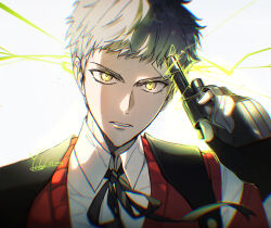 1boy armband black_gloves black_ribbon commentary dated electricity evoker fingerless_gloves gloves grey_hair gun gun_to_head highres holding holding_gun holding_weapon looking_at_viewer male_focus parted_lips persona persona_3 persona_3_reload portrait red_armband red_vest ribbon s.e.e.s sanada_akihiko shirt short_hair signature simple_background solo very_short_hair vest weapon white_background white_shirt yellow_eyes yoteh 