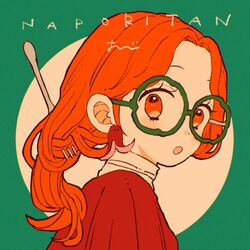  1girl :o bangs commentary_request earrings eyelashes food-themed_earrings fork glasses green-framed_eyewear highres jewelry long_hair looking_at_viewer omogu_(o_wu) orange_eyes orange_hair original parted_lips portrait round_eyewear signature simple_background solo two-tone_background 