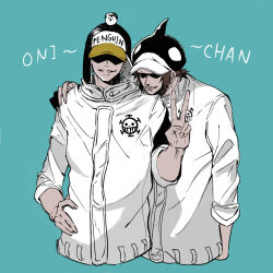  2boys blue_background brown_hair commentary_request cropped_torso hat highres jacket long_sleeves male_focus multiple_boys one_piece orca_hat parted_lips penguin_(one_piece) shachi_(one_piece) shaded_face short_hair uyunosora v white_jacket 