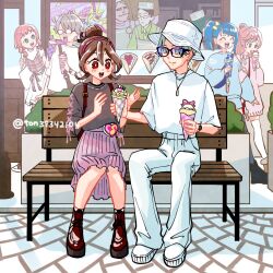  4boys 4girls ahoge apron asymmetrical_bangs bag bare_arms bench blue_hair blush boots brown_hair closed_eyes couple crepe dating earrings flirting food gingham_shirt giving glasses grabbing_another&#039;s_arm green_eyes green_hair hair_bun hair_ornament hair_ribbon hair_tie hairpin half_up_bun hat headband heart_pouch hibiki_kaito hirogaru_sky!_precure holding holding_crepe holding_food hoop_earrings ice_cream_crepe inukai_iroha jewelry kimi_to_idol_precure kneehighs loafers long_sleeves mature_male multiple_boys multiple_earrings multiple_girls musical_note musical_note_hair_ornament necklace nijigaoka_mashiro on_bench open_mouth orange_hair parted_bangs pink_eyes pink_headband precure red_eyes ribbon sakura_uta_(precure) shirt shoes shop short_hair short_sleeves shoulder_bag side_ponytail sitting skirt smile sneakers socks sora_harewataru surprised sweets talking tanaka_(precure) ton_(ton39342104) toyama_satoru tree twitter_username very_short_hair walking watch watch white_hat white_shirt white_socks wonderful_precure! 