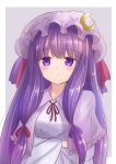  1girl bangs blue_ribbon blush border breasts capelet closed_mouth crescent dress eyebrows_visible_through_hair grey_background hair_ornament hat hat_ribbon ichima_(pixiv_29147205) long_hair looking_at_viewer mob_cap neck_ribbon outside_border patchouli_knowledge purple_hair red_ribbon ribbon sidelocks solo touhou upper_body very_long_hair violet_eyes white_border 