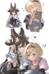  !? 2girls animal_ears bangs bare_shoulders blonde_hair breasts brown_eyes brown_hair character_doll closed_eyes detached_sleeves djeeta_(granblue_fantasy) dress extra_ears eyebrows_visible_through_hair frilled_sleeves frills galleon_(granblue_fantasy) gloves granblue_fantasy hairband heart highres horns large_breasts long_hair multicolored_hair multiple_girls pointy_ears shiromimin short_hair streaked_hair very_long_hair white_gloves 