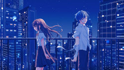  1boy 1girl bandages blood blood_on_clothes blue_eyes boxcutter building from_side highres long_hair night night_sky original railing school_uniform sky yanagima_yu03 