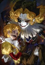  2boys blonde_hair brown_gloves brown_pants carrying closed_eyes clown colored_eyelashes colored_skin cracked_face crying empty_eyes gloves hair_intakes harlequin highres hullabaloo_(identity_v) identity_v makeup male_focus mike_morton multiple_boys pants princess_carry puffy_sleeves qialuobaibaidebanmouren raised_inner_eyebrows red_lips runny_makeup stitched_mouth stitches uneven_eyes wavy_hair white_skin 