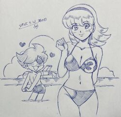  1girl arm_behind_back beach bikini blue_bikini blue_hairband breasts couple cyborg cyborg_009 francoise_arnoul fuji_shuuji hair_over_face hair_over_one_eye hairband heart heart-shaped_eyes highres light_blush long_hair looking_at_viewer medium_breasts shimamura_joe short_hair swimsuit upper_body 