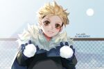  1boy artist_name black_jacket blonde_hair blue_cape blurry blurry_background cape child commentary depth_of_field english_commentary fence fur_collar fur_trim gloves hands_up highres holding_snowball jacket looking_at_viewer male_focus messy_hair purple_gloves ryu_valo smile snowball solo sova_(valorant) twitter_username undercut valorant younger 