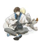 2boys amuro_tooru aonosubete back-to-back belt black_sweater blonde_hair brown_footwear brown_hair coat cross-laced_footwear electric_guitar facial_hair facing_away formal grey_pants guitar indian_style instrument knees_up long_sleeves male_focus meitantei_conan multiple_boys music one_eye_closed pants playing_instrument scotch_(meitantei_conan) shirt shoe_soles shoes short_hair simple_background sitting smile sneakers stubble suit sweater turtleneck white_background white_coat