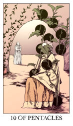  2girls arch black_circle border branch brown_hair card_(medium) covered_face doorway dress english_text grey_dress highres hole indoors jessica_hayworth jewelry leaf long_hair minor_arcana_(tarot) multiple_girls necklace orange_skirt orange_theme plant potted_plant shawl sitting skirt surreal tarot tarot_(medium) trypophobia vines warm_colored welcome_to_night_vale white_border yellow_shawl 