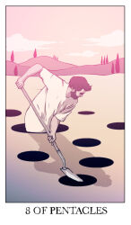  1boy beard bent_over border brown_hair card_(medium) clouds desert digging english_text facial_hair highres holding holding_shovel hole jessica_hayworth looking_down male_focus minor_arcana_(tarot) outdoors oversized_clothes pink_sky shirt short_sleeves shovel sky solo standing sunlight surreal t-shirt tarot tarot_(medium) welcome_to_night_vale white_border white_shirt yellow_sky 