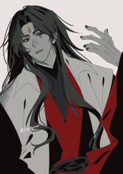  1boy bishounen black_hair black_hanfu black_nails chinese_clothes coat facial_mark forehead_mark grey_background hand_up hanfu highres irutaroo limited_palette long_hair long_sleeves looking_at_viewer luo_binghe male_focus nail_polish parted_bangs parted_lips red_eyes renzha_fanpai_zijiu_xitong robe simple_background solo twitter_username upper_body wavy_hair white_background white_coat zuiyin 
