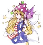  1girl american_flag_dress bangs blonde_hair breasts closed_mouth clownpiece commentary_request dress eyebrows_visible_through_hair fairy_wings fire hair_between_eyes hand_up hat hiroshige_36 holding holding_torch jester_cap long_hair looking_to_the_side neck_ruff pointy_ears polka_dot purple_fire purple_headwear red_eyes short_sleeves simple_background small_breasts solo star_(symbol) star_print striped striped_dress torch touhou white_background wings 