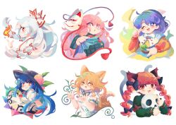  6+girls :3 :d :o ;d ahoge animal_ears aura black_hat black_ribbon blonde_hair blue_eyes blue_hair blunt_bangs bow bowtie braid capelet cat_ears cat_girl cat_tail closed_mouth commentary_request cropped_arms cropped_legs cropped_torso fang fire food fox_ears fox_girl fox_mask fox_shadow_puppet fox_tail from_side fruit fruit_hat_ornament fujiwara_no_mokou green_ribbon green_shirt green_skirt grin hair_between_eyes hair_bow hairband hand_fan hands_up hat hata_no_kokoro hinanawi_tenshi holding holding_fan holding_skull kaenbyou_rin kudamaki_tsukasa long_hair long_sleeves looking_at_viewer mame_komari mask mask_on_head medium_hair multicolored_hairband multicolored_shirt multiple_girls multiple_tails neck_ribbon no_lineart one_eye_closed open_mouth orange_eyes patchwork_clothes peach peach_hat_ornament pink_eyes pink_hair plaid_clothes plaid_shirt pointing pointing_down pointing_up profile puffy_short_sleeves puffy_sleeves rainbow_gradient rainbow_order red_bow red_bowtie red_eyes red_hair ribbon shirt short_sleeves sideways_mouth simple_background skirt skull slit_pupils smile split_mouth star_(symbol) suspenders tail tenkyuu_chimata touhou twin_braids twitter_username two-tone_bow two_tails very_long_hair white_background white_bow white_capelet white_hair white_shirt 