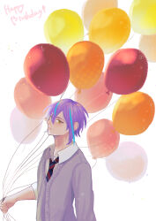  1boy absurdres balloon blue_necktie closed_mouth collared_shirt commentary_request english_text expressionless grey_jacket hair_between_eyes happy_birthday highres holding holding_balloon jacket kamishiro_rui kamiyama_high_school_uniform_(project_sekai) light_particles lips long_sleeves looking_at_viewer male_focus multicolored_hair necktie nostrils pink_lips pointy_nose project_sekai purple_hair red_necktie sasai_desu school_uniform shirt short_hair_with_long_locks simple_background sleeve_cuffs solo sparkle streaked_hair striped_necktie sweater_jacket three-quarter_sleeves two-tone_necktie upper_body white_background white_shirt yellow_eyes 