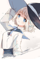  1girl blue_eyes blue_ribbon blush braid closed_mouth cropped_torso gakuen_idolmaster grey_hair hair_ribbon half_up_braid hand_on_headwear hat hatsuboshi_gakuen_school_uniform idolmaster jacket katsuragi_lilja long_sleeves looking_at_viewer maru51 neck_ribbon ribbon ribbon_braid school_uniform short_hair solo white_jacket witch_hat 