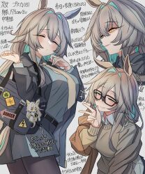  +++ 1girl absurdres animal_ears aqua_hair bag biohazard_symbol black-framed_eyewear blazer closed_eyes commentary_request deep_sky_(racehorse) facing_viewer genderswap genderswap_(mtf) grey_background grey_bag grey_hair grey_pantyhose hair_between_eyes hair_intakes half-closed_eyes highres horse_ears horse_girl jacket leogust multiple_views nail_polish necktie orange_eyes original pantyhose personification reference_sheet school_uniform shoulder_bag sidelocks simple_background skirt skull_and_crossbones slit_pupils sweater translation_request umamusume v yellow_necktie yellow_sweater 