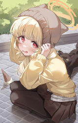  1girl @_@ absurdres aoba_(blue_archive) beanie black_boots black_cat black_pantyhose black_skirt blonde_hair blue_archive blush boots cardigan cat dropped_food embarrassed food grey_hat halo hands_on_headwear hands_up hat highres ice_cream ice_cream_cone ice_cream_cone_spill long_hair looking_at_viewer low_twintails onakkasuita orange_halo pantyhose pleated_skirt red_eyes skirt solo squatting sweatdrop tears twintails wavy_mouth yellow_cardigan 
