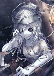  1girl black_sclera collarbone colored_sclera colored_skin galatea_(identity_v) hair_over_one_eye highres holding holding_weapon identity_v intravenous_drip lipstick long_hair makeup red_lips runny_makeup smeared_lipstick smile solid_eyes stitched_arm stitched_neck stitches tennensui_(midorinokaibutu4500) torn_clothes twitter_username weapon wheelchair white_hair white_skin 