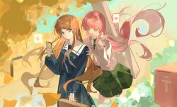  2girls absurdres anger_vein autumn bag bang_dream! bang_dream!_it's_mygo!!!!! blue_eyes blue_shirt blue_skirt brown_bag brown_hair cellphone chihaya_anon closed_mouth commentary diagonal-striped_clothes diagonal-striped_necktie fang floating_hair green_necktie green_skirt grey_eyes grey_jacket grey_neckerchief hand_on_another's_shoulder haneoka_school_uniform heart highres holding holding_bag holding_phone jacket long_hair long_sleeves multiple_girls nagasaki_soyo neckerchief necktie open_mouth phone pink_hair plaid_clothes plaid_skirt pleated_skirt poster_parody pout school_uniform shiragomi shirt sidelocks skin_fang skirt smartphone spoken_anger_vein spoken_heart striped_clothes tsukinomori_school_uniform 