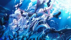  2girls absurdres air_bubble artist_request asphyxiation beret black_boots black_dress black_hat boots bubble chinese_commentary closed_eyes commentary_request commission coral_reef dress drowning flower frilled_sleeves frills from_side full_body gradient_hair hair_ornament hat hat_flower highres long_hair long_sleeves magical_girl mahou_shoujo_no_majo_saiban multicolored_hair multiple_girls pink_eyes pink_hair profile sakuraba_ema seaweed second-party_source short_hair shorts spoilers submerged swimming thigh_strap tsukishiro_yuki unconscious underwater unworn_hat unworn_headwear white_flower white_hair white_hat white_shorts x_hair_ornament 