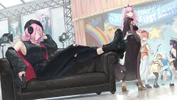  5girls 6+girls animal_hood black_nightgown black_tiara dahaidan feathers fins fish_tail gawr_gura highres hololive hololive_english holomyth hood mori_calliope mori_calliope_(1st_costume) mori_calliope_(streetwear) multiple_girls nightgown ninomae_ina&#039;nis orange_hair pink_eyes pink_hair scythe shark_girl shark_hood shark_tail shoulder_spikes skull_choker spiked_cape spikes tail takanashi_kiara tiara veil virtual_youtuber watson_amelia 