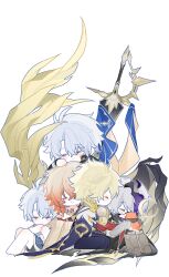  4boys absurdres antenna_hair arm_tattoo armored_boots asymmetrical_wings black_shirt black_wings blonde_hair blue_cape boots braid cape chest_tattoo chibi chibi_only chinese_commentary closed_eyes commentary_request f624008638 flame_reaver_of_the_deepest_dark gradient_hair highres honkai:_star_rail honkai_(series) hug male_focus material_growth medium_hair multicolored_hair multiple_boys multiple_persona mydei_(fig_stew)_(honkai:_star_rail) mydei_(honkai:_star_rail) parted_bangs phainon_(a_dream_scented_in_wheat)_(honkai:_star_rail) phainon_(honkai:_star_rail) phainon_(khaslana)_(honkai:_star_rail) red_hair red_tattoo shirt short_hair side_braid simple_background sword tattoo weapon white_background white_hair wings yellow_wings 