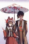  1boy 1girl absurdres brown_hair chinese_clothes earrings fang flat_chest flower flower-shaped_pupils genshin_impact hair_between_eyes highres holding holding_umbrella hu_tao_(genshin_impact) jewelry oil-paper_umbrella open_mouth plum_blossoms red_eyes sidelocks smile source_request symbol-shaped_pupils umbrella white_background yellow_eyes zhongli_(genshin_impact) 