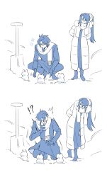  !? 1boy 1girl ^^^ arms_behind_back az_(pixiv_108058292) coat commentary_request dress final_fantasy final_fantasy_vii full_body gloves hair_between_eyes highres long_hair long_sleeves looking_at_another lucrecia_crescent motion_lines open_clothes open_coat pants planted planted_shovel scarf short_hair shovel simple_background snow snow_shovel squatting surprised vincent_valentine 