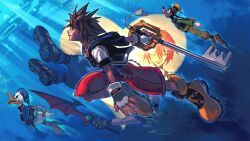  1girl 4boys absurdres brown_hair closed_eyes dog_boy donald_duck duck_boy fingerless_gloves flying gloves goofy hat highres hood hoodie kairi_(kingdom_hearts) keyblade kingdom_hearts kingdom_hearts_i kingdom_key kornart multiple_boys open_clothes open_hoodie riku_(kingdom_hearts) sora_(kingdom_hearts) spiky_hair sword weapon 