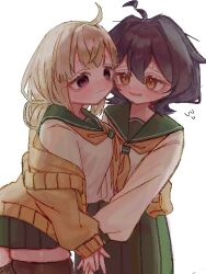  2girls ahoge araga_kiwi blonde_hair blush brown_thighhighs cardigan cj6f2lx08scrrc9 double_bun flying_sweatdrops green_sailor_collar green_skirt hair_bun highres hiiragi_utena hiiragi_utena's_school_uniform holding_hands long_hair long_sleeves mahou_shoujo_ni_akogarete medium_hair multiple_girls neckerchief open_cardigan open_clothes open_mouth pleated_skirt sailor_collar school_uniform shirt simple_background skirt sweat thigh-highs violet_eyes white_background white_shirt yellow_cardigan yellow_eyes yellow_neckerchief yuri 