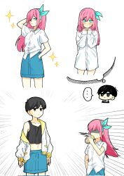  ... 1boy 1girl antenna_hair arm_behind_head arm_up aubrey_(faraway)_(omori) aubrey_(omori) black_eyes black_hair blue_eyes blue_hairband blue_skirt blush bright_pupils can closed_mouth collared_shirt commentary_request corrupted_twitter_file cosplay costume_switch crop_top crossdressing crossdressing_(mtf) denim denim_skirt double-parted_bangs expressionless hair_between_eyes hairband highres holding holding_can jacket long_hair long_sleeves looking_at_viewer mimn_(kdjgxrt1xt69701) motion_lines navel no_eyes omori pink_hair shaded_face shirt short_hair short_sleeves skirt speech_bubble speed_lines spit_take spitting spoken_ellipsis sunny_(omori) sweatdrop thought_bubble white_jacket white_pupils white_shirt 