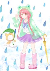  1girl ^_^ absurdres adjusting_hood ahoge animal animal_hood animal_print blue_bow blue_bowtie blunt_bangs boots bow bowtie braid brown_eyes cat cloak closed_eyes closed_mouth closed_umbrella clothed_animal coat collarbone commentary_request dot_nose ear_covers eyelashes frilled_skirt frills frog_hood frog_print full_body green_raincoat hair_over_shoulder happy highres holding holding_umbrella hood hood_up hooded_cloak hooded_coat kneehighs knees leaf_umbrella light_blush long_hair long_sleeves low_twin_braids midriff miniskirt momo_(nikki) nikki_(nikki) nikki_(series) open_clothes open_coat pink_boots pink_hair pleated_skirt print_boots purple_sash purple_skirt rain raincoat red_bow red_bowtie rooibos rubber_boots sash see-through_clothes see-through_raincoat shining_nikki shirt skirt sleeveless sleeveless_shirt smile socks standing tareme traditional_bowtie twin_braids umbrella very_long_hair water_drop whiskers white_background white_cat white_shirt white_socks yellow_cloak yellow_umbrella 
