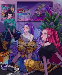  3girls abby_(kpop_demon_hunters) aqua_shirt baby_(kpop_demon_hunters) black_choker black_hair blunt_bangs body_markings braid braided_ponytail choker closed_mouth crossed_legs double_bun earrings eyeshadow gloves hair_bun hat highres jewelry jinu_(kpop_demon_hunters) kensuke_creations kpop_demon_hunters lightstick looking_at_viewer looking_back makeup mira_(kpop_demon_hunters) multiple_girls mystery_(kpop_demon_hunters) pants pink_hair powerpuff_girls purple_hair romance_(kpop_demon_hunters) rumi_(kpop_demon_hunters) shirt single_glove sitting sleeveless sleeveless_shirt twintails yellow_hat yellow_pants zoey_(kpop_demon_hunters) 