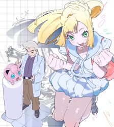 1boy 1girl :d bare_legs belt black_shoes blonde_hair blue_eyes brown_pants clenched_hands closed_eyes coat floating_hair green_hair grey_hair grid_background hand_up hands_up highres himuro_yukichiko index_finger_raised jigglypuff jumping lab_coat legs_apart light_blush lillie_(pokemon) long_coat medium_skirt ookido_yukinari open_clothes open_coat pants pleated_skirt poke_ball pokemon pokemon_(creature) pokemon_rgby pokemon_sm professor_oak shirt shoes short_hair short_sleeves skirt smile sparkle standing thick_eyebrows translation_request white_background white_coat white_shirt white_shoes white_skirt
