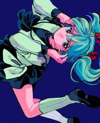  1girl blue_background blue_hair bow char's_counterattack feet_out_of_frame gundam hair_ornament highres long_sleeves looking_at_viewer mokenochi quess_paraya sailor_collar shirt shoes simple_background skirt socks solo twintails violet_eyes 