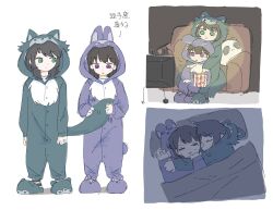  2girls animal_costume bang_dream! bang_dream!_it's_mygo!!!!! black_hair blush brown_hair commentary_request couch cuddling food green_eyes green_sleeves highres kuang_quanshui mole mole_under_eye multiple_girls onesie open_mouth popcorn purple_slippers rabbit_costume shiina_taki slippers stuffed_animal stuffed_panda stuffed_toy sweat translation_request under_covers violet_eyes watching_television wolf_costume yahata_umiri yuri 